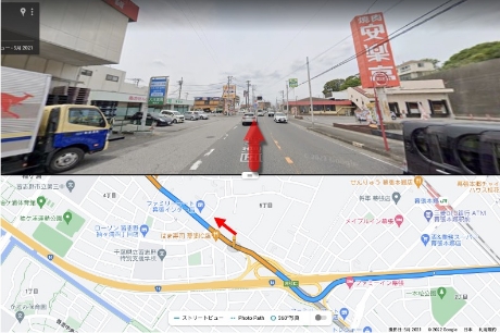 国道14号（千葉街道）を東京方面に進み、安楽亭の前を通過します。